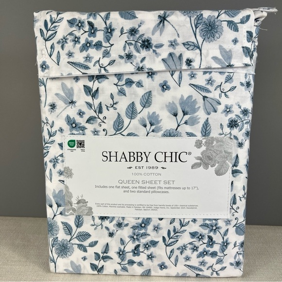 Shabby Chic Queen Sheet Set Floral Blue and White Summer 100% Cotton 4 pc NEW - Picture 1 of 2